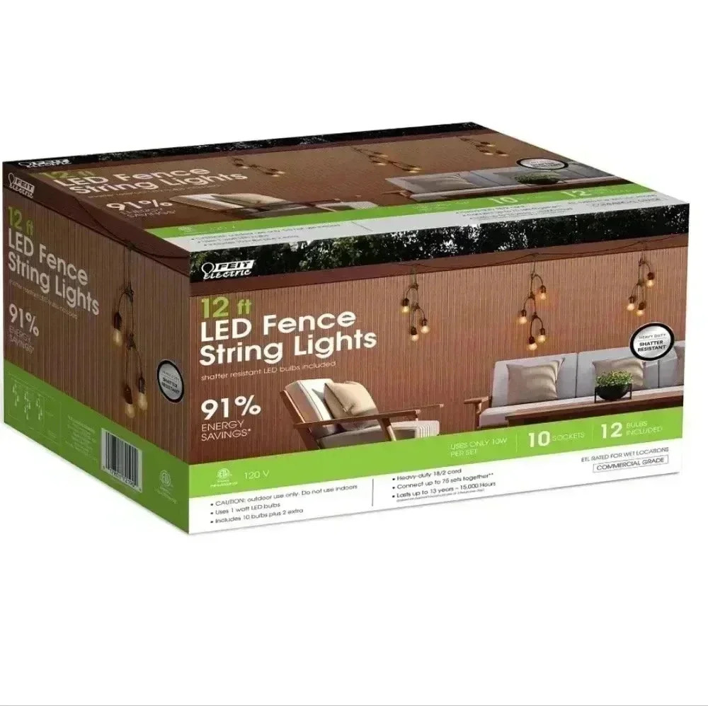 Feit Electric 12ft LED Outdoor Fence String Lights, 10 Sockets, 12pc. E26 Base